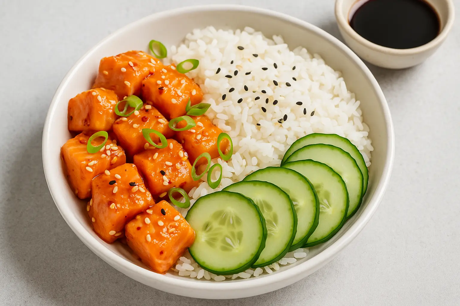 Spicy Salmon Rice Bowl with Cucumber and Steamed Rice